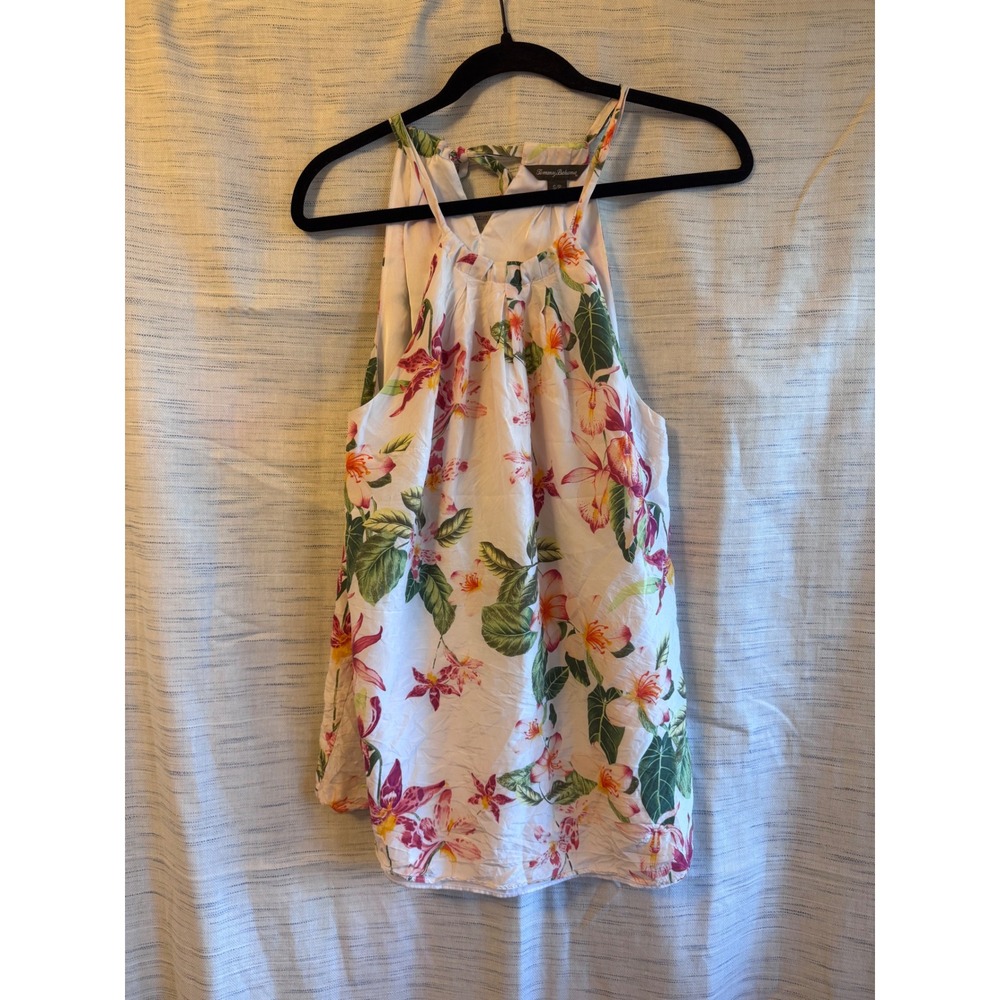 Tommy Bahama Womens Floral Halter Top White Pink Orchid Tropical Blouse Small